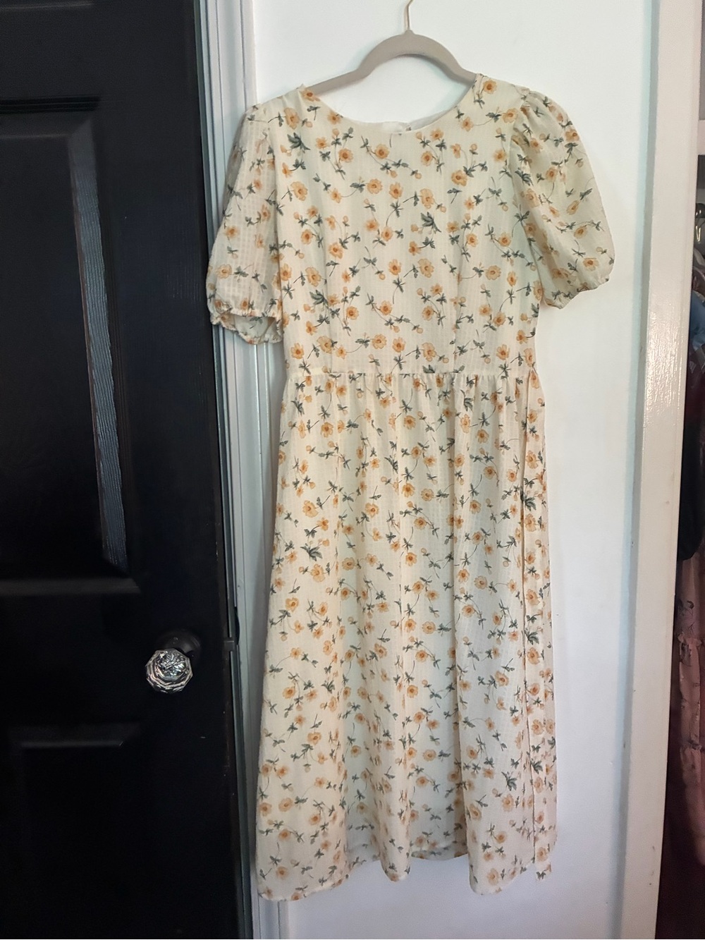 Floral Puff Sleeve Cream Dress with Yellow Roses